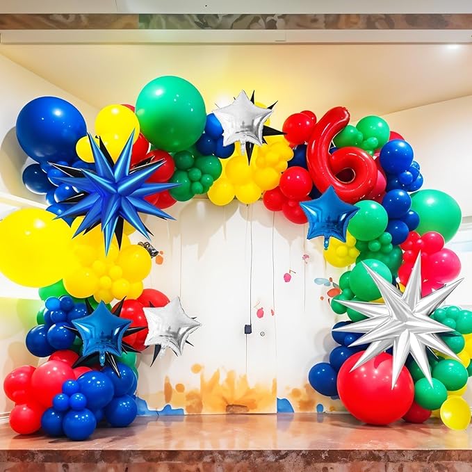 Red Yellow Blue Green Balloon Arch Garland Kit, Navy Blue Dark Green Colorful Balloons, Blue Silver Star Foil Balloons for Boy Girl Theme Birthday Party Decorations Baby Shower Backdrop