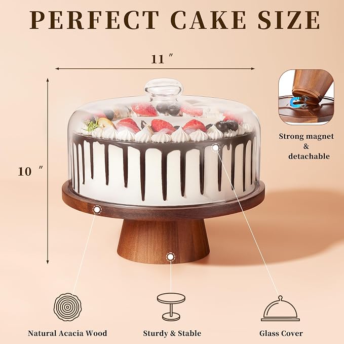 VIVIRBIEN Wooden Cake Stand with Lid, Acacia Cake Stand with Glass Dome, 11-Inch Versatile Dessert Stand with Strong Magnetic Pedestal, Cake Holder for Birthday/Kitchen/Party/Charcuterie