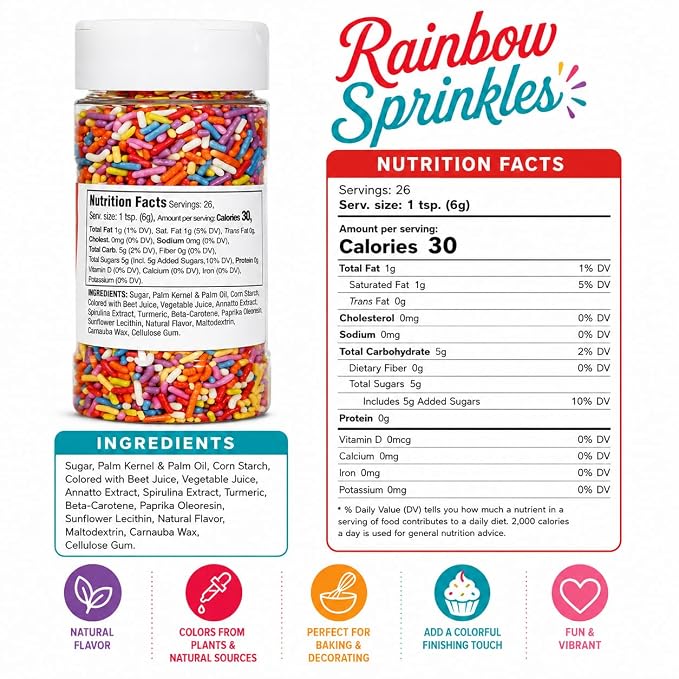 Bakerpan Artificial Dye-Free Rainbow Jimmies Sprinkles - 5.5 oz - Naturally Colored Sprinkles for Cake Decorating, Cupcakes, Cookies, Donuts & Ice Cream