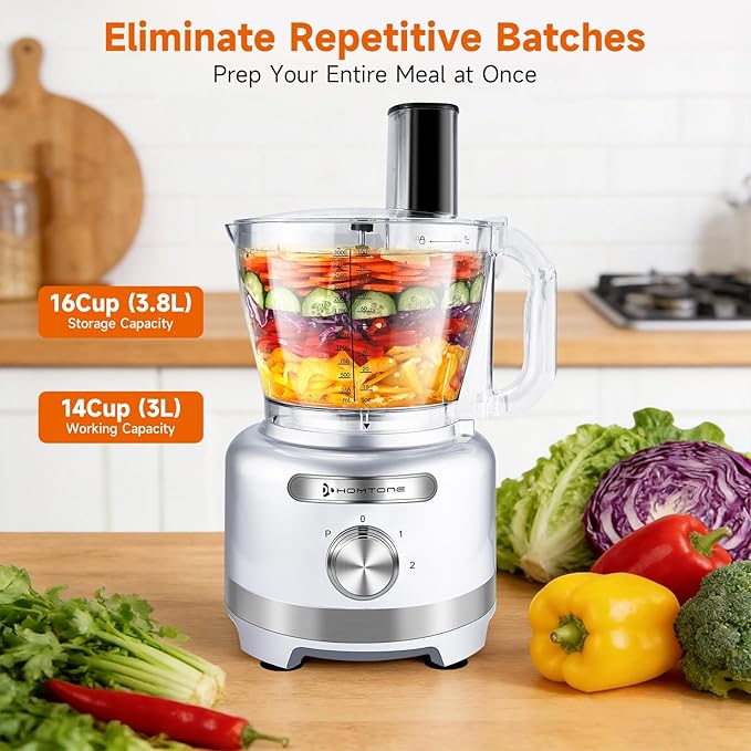 Homtone 16 Cup Food Processor, Large 9-I-1 Chopper with French Fry Cutter | 7 Blades, Veggie Shred, Slice, Pizza Dough Knead, Salsa Meat Chop, Cheese Grate, Home Week Meal Prep, Healthy Snack, 3-Speed