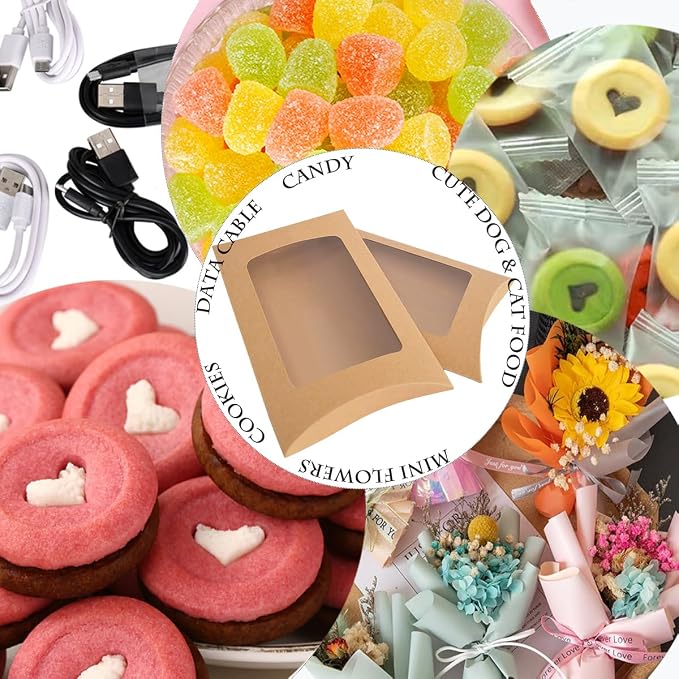 50 Pcs Pillow Gift Boxes with Windows,Kraft Paper Mini Pillow Packaging Box, Creative Favor Box Folding Treat Boxes with Clear Window for Bakery Candy Chocolate Jewelry Display Wedding Party Favor (kraft-Big)