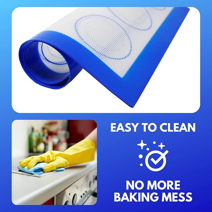 Jenaluca Silicone Baking Mats 2 Pack, Non-Stick, 16.5 x 11.6 inches | Food grade silicone pan liner with cookie measurements. Reusable for cookies, pastries & meal prep. Non-slip design.