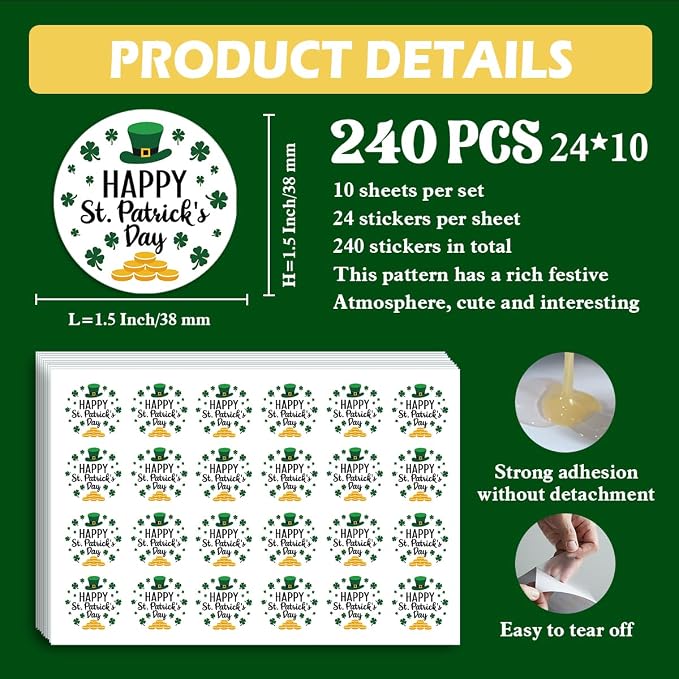 240 PCS Happy St. Patrick's Day Business Packaging Stickers,Clover Sticker for Envelopes Shipping Boxes Gift Packaging