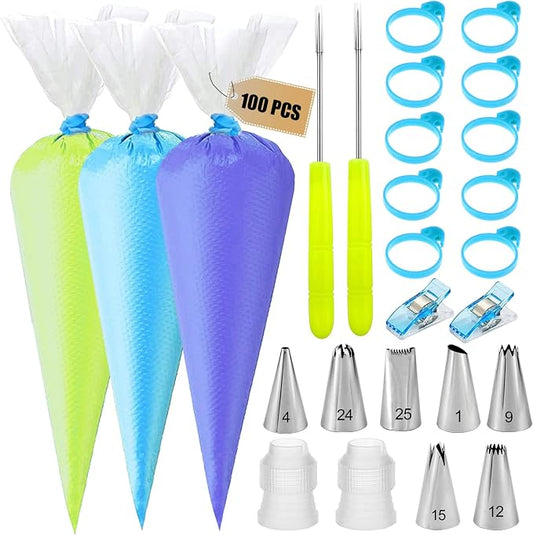 Piping Bags and Tips Set - 100 12Inch Disposable Pastry Piping Bags for Royal Icing with 7 Frosting Tips, 10 Icing Bags Ties, 2 Scriber Needle - Tipless Piping Bags Kit for Cookies & Cake Decorating