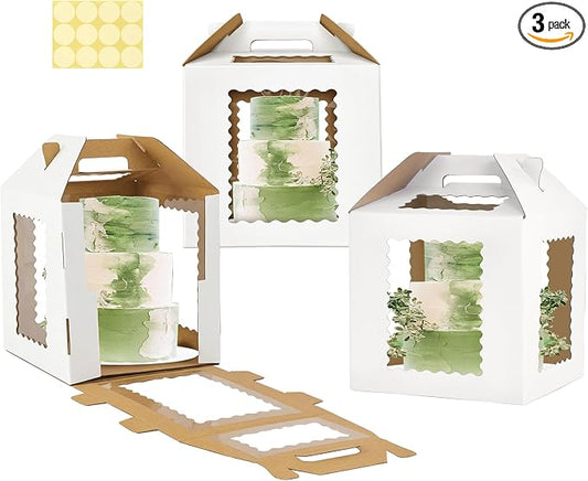 XININSUN 12x12x12 Inch Square Tall Cake Box with 6 Windows, Transport Carrier Container for Wedding, Birthday, Party Cakes