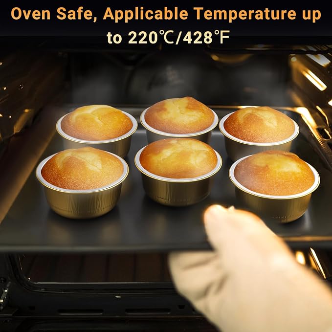 Beasea Aluminum Ramekins With Lids, 100 Pack 6.1oz 180ml Disposable Foil Aluminum Baking Cups Round Oven Baking Mini Cupcake Cups for Party - Gold