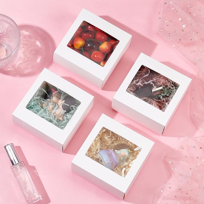 BENECREAT 18Packs 4.7x4.7x2.4inch Clear PVC Square Window Gift Boxes, White Kraft Paper Present Boxes for Baby Showers, Weddings, Birthday Parties