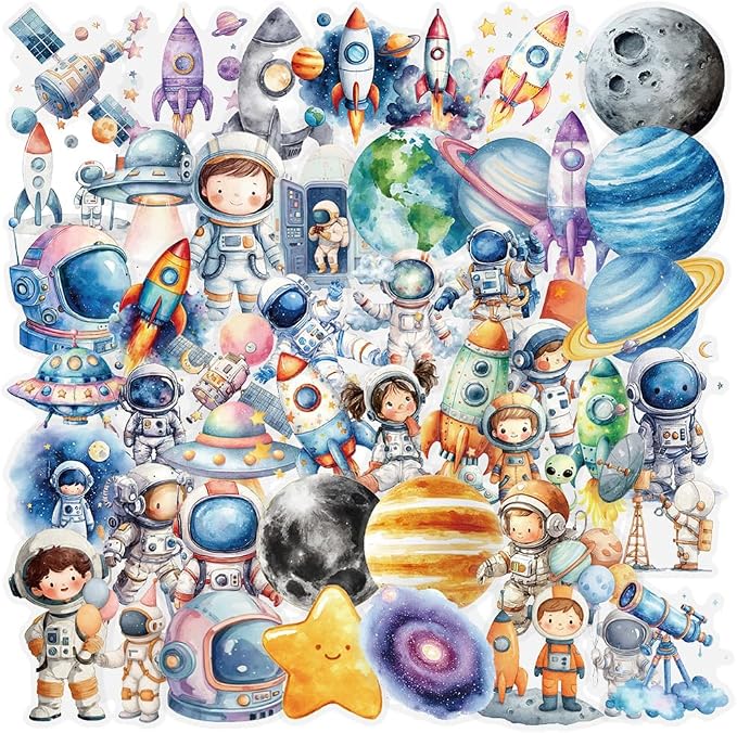 Space Stickers,100PCS Astronaut Cute Cartoon Spaceman Rocket Planet Decals Waterproof Vinyl Stickers Scrapbook Laptop Skateboard Galaxy Space Themed Party Favors