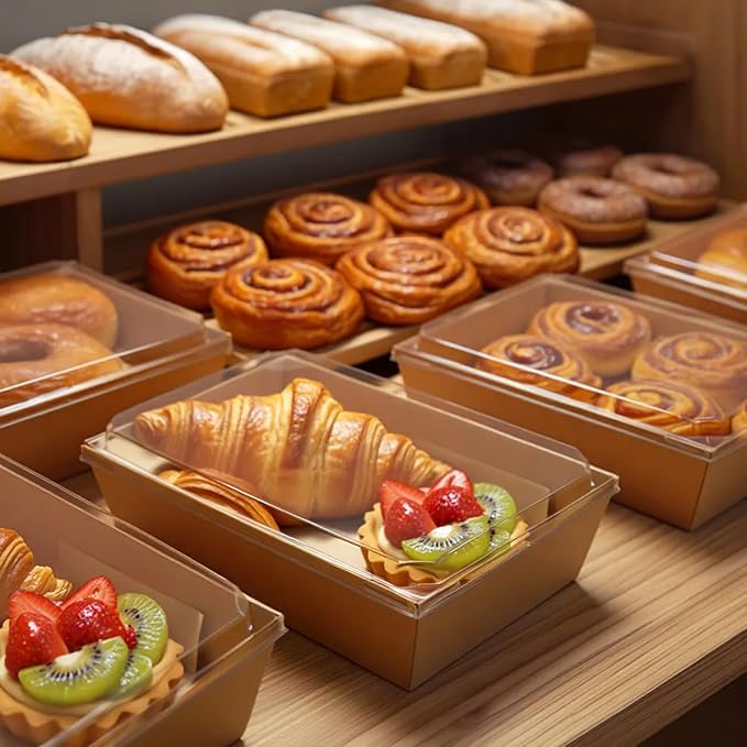 Hiceeden 50 Pack Charcuterie Boxes with Clear Lids, 8.4"×5.7"×2.8" Paper Bakery Dessert Sandwich Box, Disposable Large Food Containers for Cookies, Donuts, Muffins, Salad, and Pastry, Brown