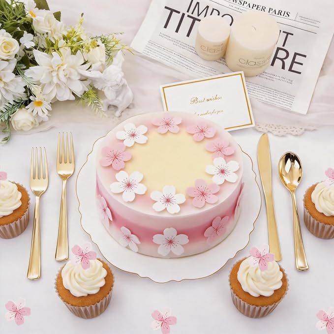 Edible Flowers Cake Decorations - Edible Flowers Set of 60PCs, Edible Cherry Blossom Cake Decorations Wafer Paper Flower Cupcake Toppers for Wedding Birthday Party (White & Pink)