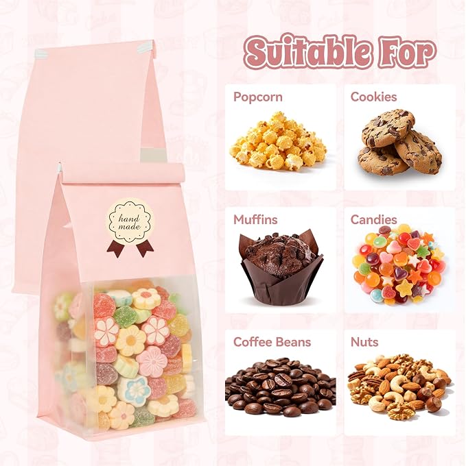 100 Cookie Bags with Seal, Resealable Bakery Bags with Window, Pink Paper Treat Bags for Packaging Pastry, Muffin, Cookie, Baked Goods, Included 120 Handmade Stickers