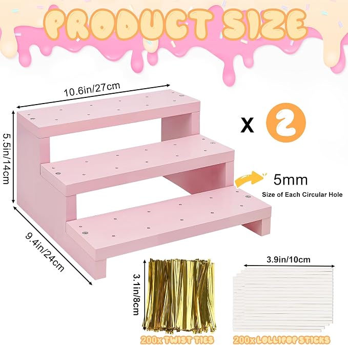 Wood Cake Pop Stands, 3 Tier Lollipop Holders with Twist Ties Lollipop Sticks, Sucker Display Riser for Dessert Table of Wedding Birthday Party (Pink-2P)