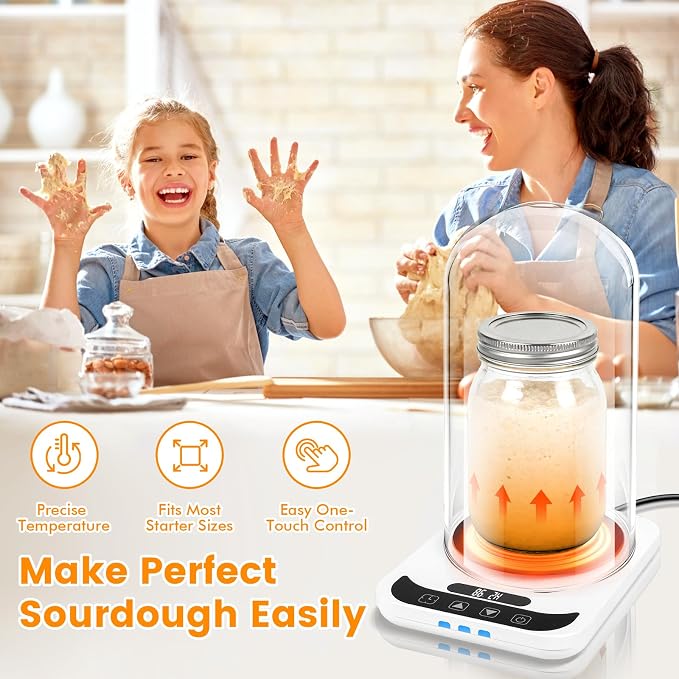 Sourdough Starter Warmer with Glass Dome, Sour Dough Warmer & Glass Cover - 70-100°F Precise 1°F Thermostat Control & 12H Timer Auto Warming ON/Off, Sourdough Heating Mat for 24oz 34oz 40oz Jars