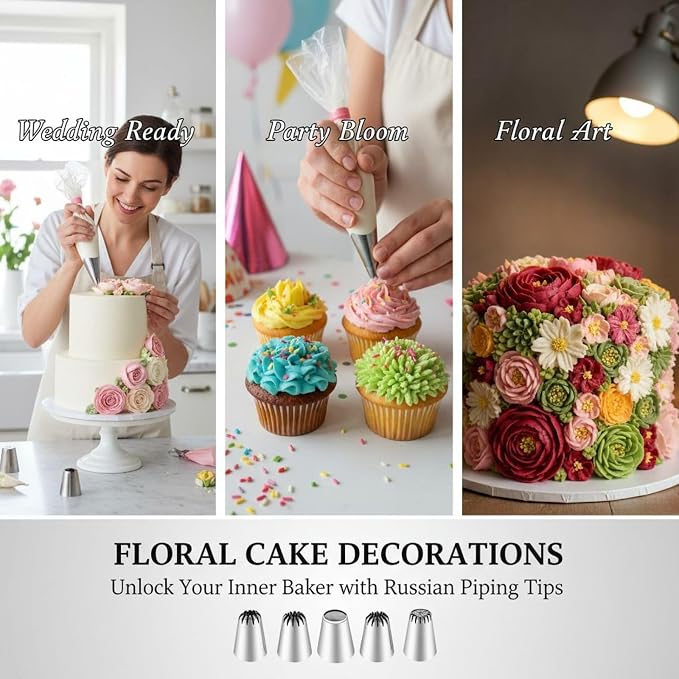 5 Pcs Russian Piping Tips Set, Extra Large Icing Nozzles for Cake Decorating, Rose Floral Design for Cakes, Cupcakes, Birthday Parties, Wedding, Stainless Steel