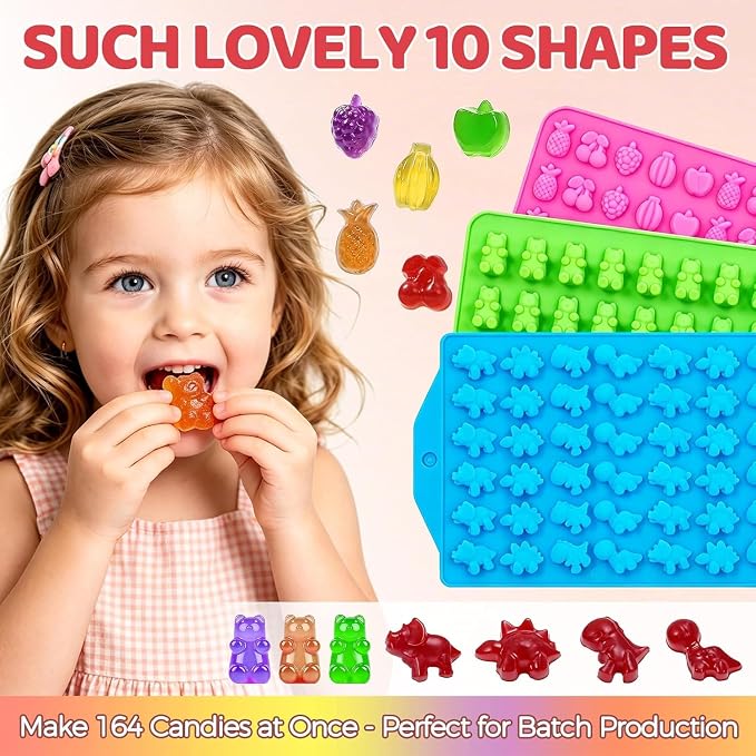 Gummy Candy Molds with 2pcs Droppers, Silicone Bear Dinosaur Fruit Snack Molds, Non-stick Silicone Chocolate Molds for Gummies Candy Chocolate Baking