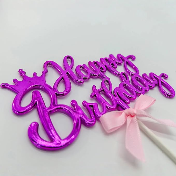 Elegant Acrylic Birthday Cake Topper with Crown & Bow Design - Reusable Decoration for Party, Wedding, Baby Shower (Purple)