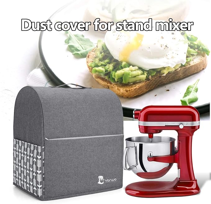 YARWO Stand Mixer Dust Cover Compatible with KitchenAid Mixer 6-8 Quart | Top Handle, Side Pockets for Kitchen Supply, Dust-proof Protective Cover for Bowl-Lift 5.5/6/7 qt, Washable, Gray with Arrow