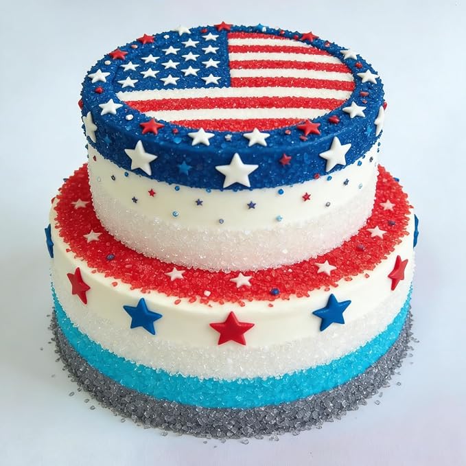HeDeon&Rles Edible Patriotic Sanding Sugar Sprinkles Red White Blue SkyBlue Silver 100g/3.52oz Sparkling Sugar Crystals for Baking Cake Cupcake Cookie Icing Top Birthday Wedding Independence Day Halloween Christmas Cake Decoration
