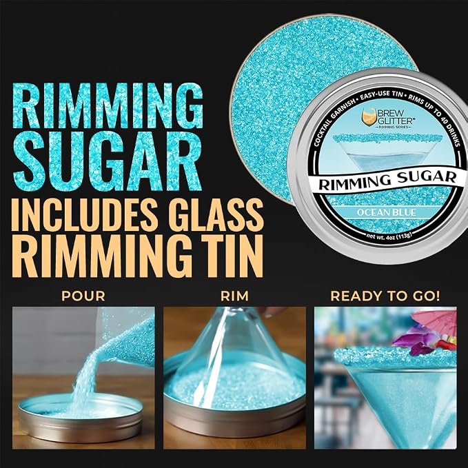 Brew Glitter - Ocean Blue Rimming Sugar (4oz, 1x Bar Tin) Cocktail Garnish for Mixed Drinks & Refreshments