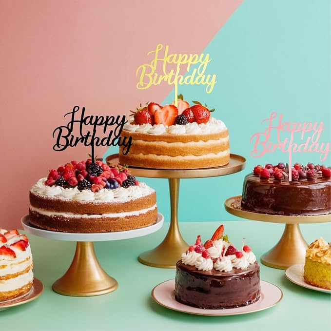 FBQ 3 Pcs Birthday Cake Topper Cupcake Topper Wedding Party Birthday Theme Children or Adults Cake Decorations Supplies(Black, Gold, Pink)