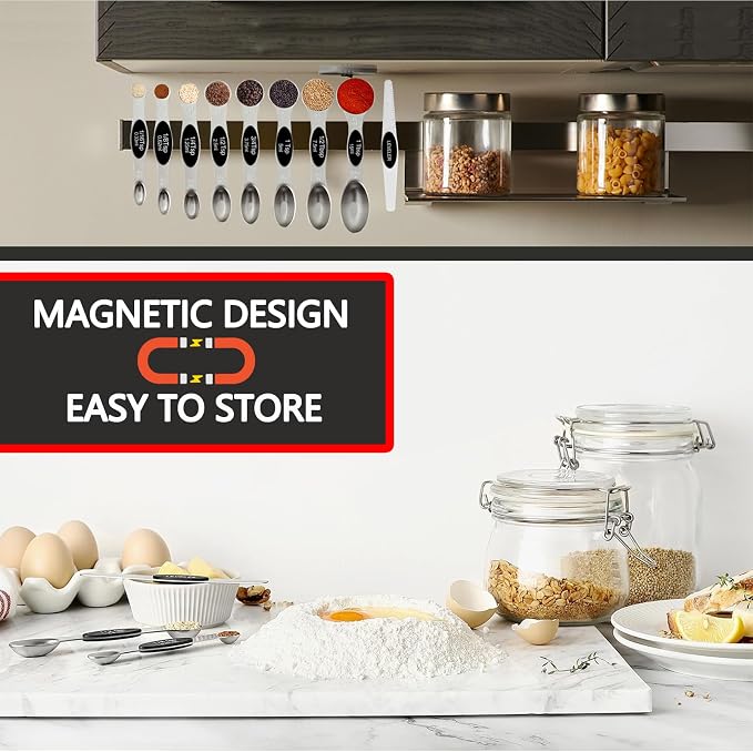 Magnetic Measuring Spoons Set,Heavy Duty Stainless Steel,Dual Sided Stackable Measuring Spoons Nesting Teaspoons Tablespoons for Measuring Dry and Liquid Ingredients,Set of 9 (Black)