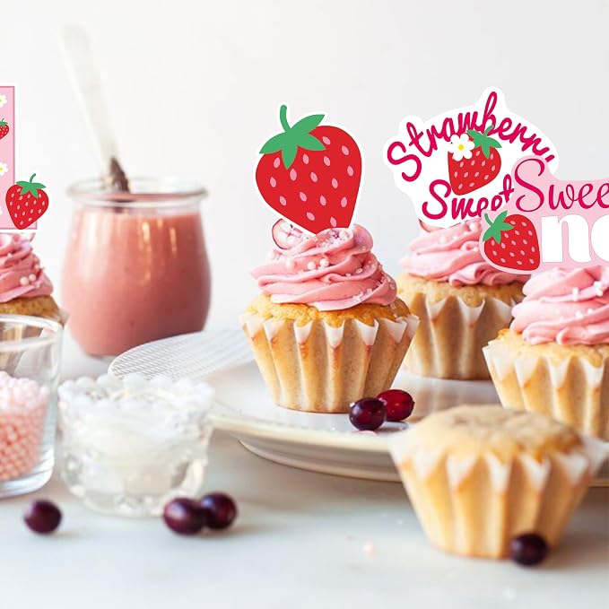 42Pcs Edible Strawberry Sweet One Cupcake Toppers Wafer Paper Birthday Strawberry Cupcake Picks for Baby Shower Kids Birthday Party Cake Decorations Supplies