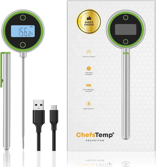 ChefsTemp Pocket Pro 1-Second Instant Read Digital Meat Thermometer Rechargeable for Grilling, Food, BBQ, Kitchen Cooking, Oil Deep Frying & Candy (Lime Zest)