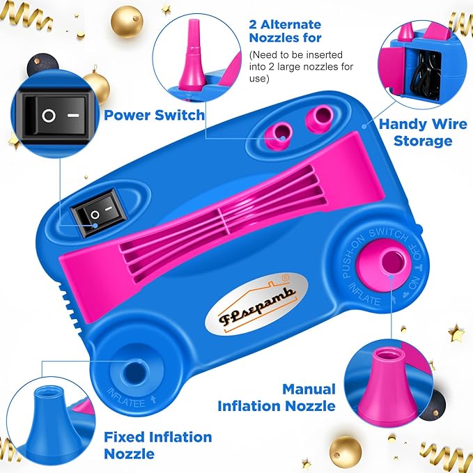 FLSEPAMB Balloon Pump, Electric Balloon Pump, Portable Dual Nozzle 110V 600W Electric Balloon Blower, Balloon Pump for Party Decorations with Tying Tool, Colored Ribbons