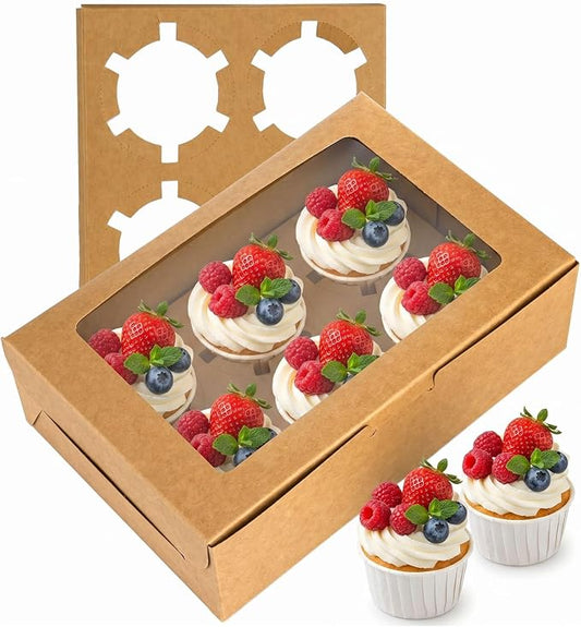 Jucoan 50 Pack Kraft Cupcake Box with Insert and Window Hold 6 Standard Cupcake, Food Grade Cupcake Carrier Container, Brown Bakery Box for Pastry, Cookies, Small Cake, Desserts Treat