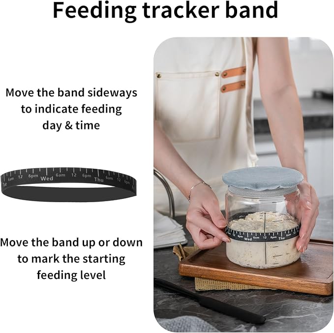 Wissy&Konny Sourdough Starter Jar 35OZ with Ounce Scale Line,Date Marked Feeding Band, Thermometer, Sourdough Jar Scraper, Cloth Cover & Wood Lid, Wide Mouth for Sourdough Bread Baking