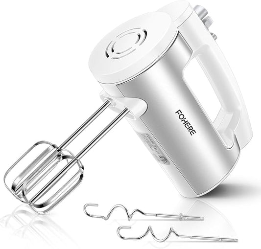 Hand Mixer Electric Handheld, 6 Speed & Turbo Electric Mixer, 300W Handheld Mixer with 2 Stainless Steel Whisk and 2 Dough Hook for Whipping, Mixing Cookies, Brownie, Cakes, Dough Batters, White