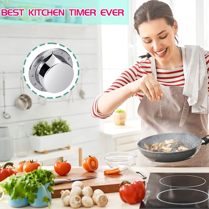 Kitchen Timers for Cooking, Chef Cooking Timer Clock with Loud Alarm - Magnetic Backing 100% Mechanical Desk Timer - No Batteries Required, Countdown Reminder Magnetic - Exquisite Stainless Steel Body