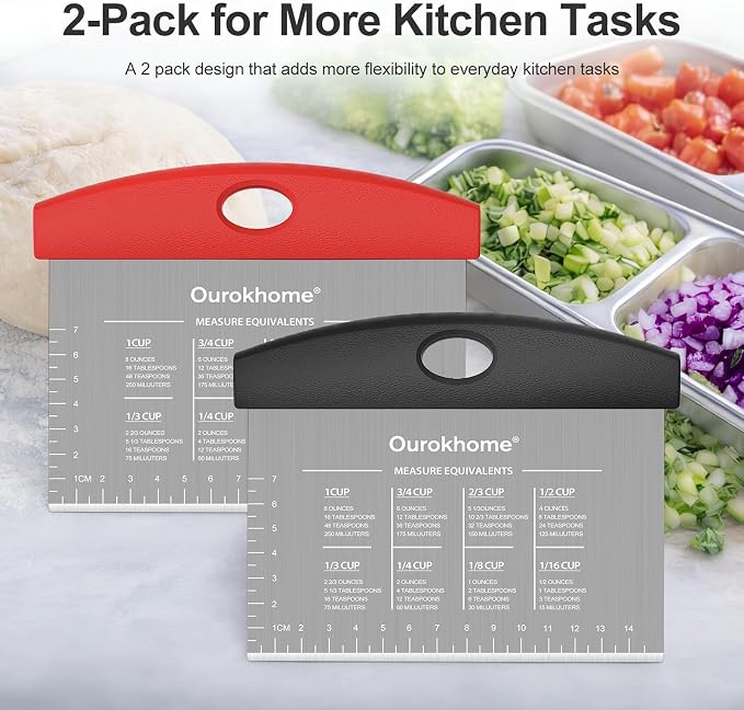 Ourokhome 2 Pack Bench Scraper Dough Cutter, Stainless Steel Dough Scraper with Laser-Etched Scale, Conversion Chart, Non-Slip Handle, Dishwasher Safe for Bread & Pastry, Black and Red