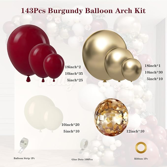 Burgundy Balloon Garland Arch Kit 143Pcs Burgundy Maroon Sand White Metallic Gold Confetti Balloons for Wedding Birdal Shower Graduation Birthday Party Decorations