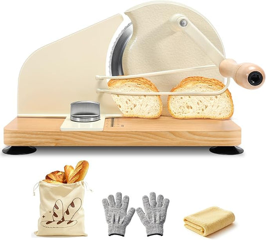 Manual Bread Slicer for Homemade Sourdough Bread, Hand Crank Bread Cutter with Scale Line & Suction Cup & Metal Guide, Sourdough Bread Slicer with Bread Bag, Adjustable Thickness & Evenly Slicing