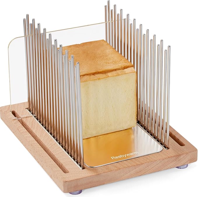 Bread Slicer, Stainless Steel Bread Slicer for Homemade Bread,Adjustable Bread Slicing Guide with Beechwood Bread Cutting Board for Loaf,Bagels & Baguette, Durable and Stable Wooden Structure