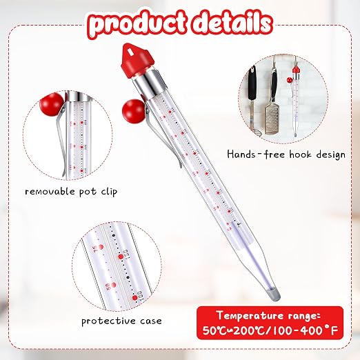 Photect Candy Thermometer with Pot Clip 8" Deep Fry Oil Thermometer for Candy Making Instant Read Cooking Food Thermograph Sugar Syrup Jam Jelly Oil Temperature Kitchen Accessories(Red,1 Pcs)