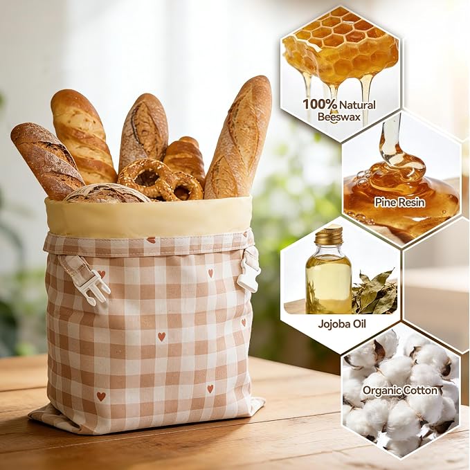 Beeswax Bread Bag for Sourdough, 1 pc Reusable Beeswax Bread Bag for Homemade Sourdough, XL Natural Cotton and Linen Food Storage Bag for Picnics, Pantry, Long-Lasting Freshness (Checkered Pattern)