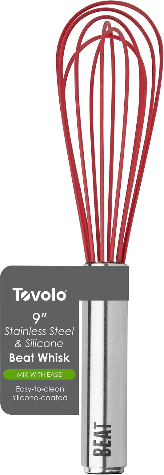 Tovolo Whisk 9 Inch Heavy Duty Silicone Wire Stainless Steel Whisker for Cooking Baking Blending Mixing Stirring Whipping Whisking, Dishwasher Safe Classic French Wire Whisk, Cayenne Red