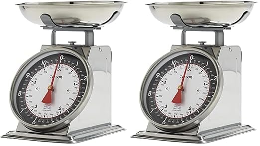 Taylor Mechanical Kitchen Food Scale with Bowl, Weighs Up to 11lbs, Measures in Grams and Ounces, Analog Cooking Scale for Baking, Black and Silver (Pack of 2)