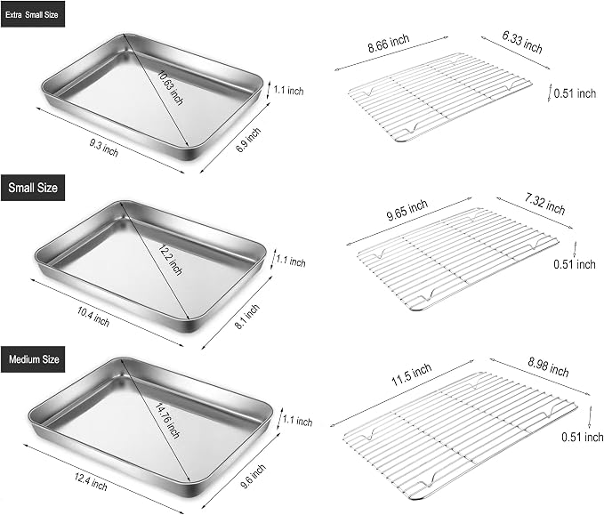 Extra Small Serving Trays with Cooling Wire Racks Set Stainless Steel 304 Tiny Baking Sheet Pans 9.3 x 6.9 Inch Dishwasher Safe for 1~2 Person 2 Pans & 2 Racks