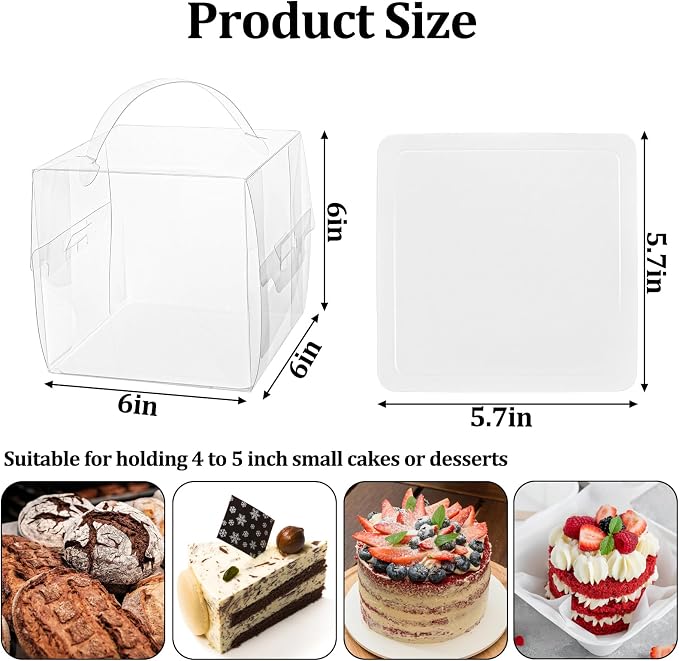 Lawei 50 Pack Clear Cake Boxes with Handles, 6x6x6 Inch Square Transparent Bakery Box for 4-5 Inch Mini Cakes, Pastries, Donut, Treat Boxes, Gift Packaging Display Box for Wedding, Birthday, Party