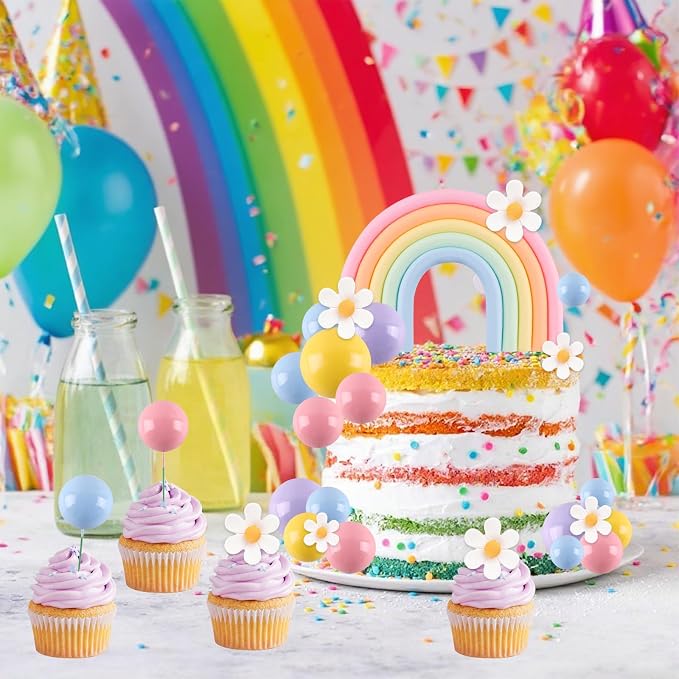 Rainbow Cake Topper 26Pcs Macaroon Balls Cake Decorations with Flower Groovy Cake Toppers Daisy Themed Cake Decorations Colorful Ball Cupcake Cake Decor for Girl Bohemian Hippie Wedding Party