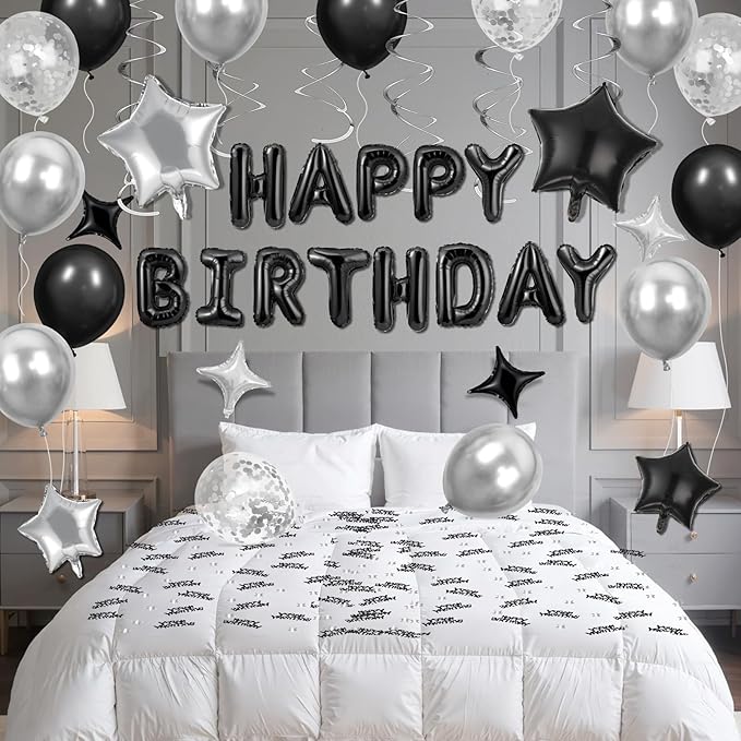 Black Happy Birthday Balloons Decorations Black and Silver Birthday Balloon Letters Banner with 8Pcs Star Balloons Hanging Swirls 10g Table Confetti for Home Room Bday Party Decorations Supplies