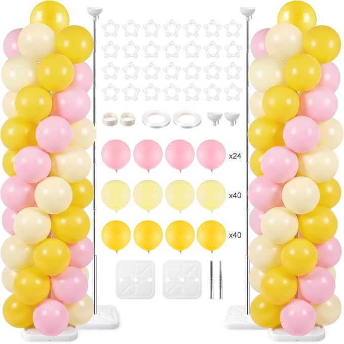 Skylety Lemon Balloon Column Stand Kit, 2 Sets 6.5 Ft Adjustable Balloon Tower Stand with Bases Pastel Yellow Light Pink Balloons Decorations for Birthday Wedding Baby Shower Party Supplies