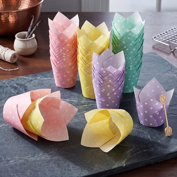200 Pcs Pastel Tulip Cupcake Liners for Baking, Color with Polka Dot | Standard Greaseproof Tulip Muffin Liners for Baking, 3oz Paper Cupcake Wrappers for Party Wedding Birthday