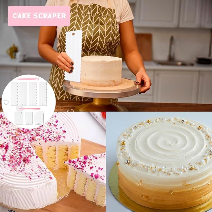 9PCS Cake Scraper Set with Cake Scraper Smoother Set, Adjustable Icing Scraper Polisher Tool, Cake Decorating Comb, Icing Smoother Plastic Sawtooth,Cake Icing Kitchen Baking Cake Edge(White)