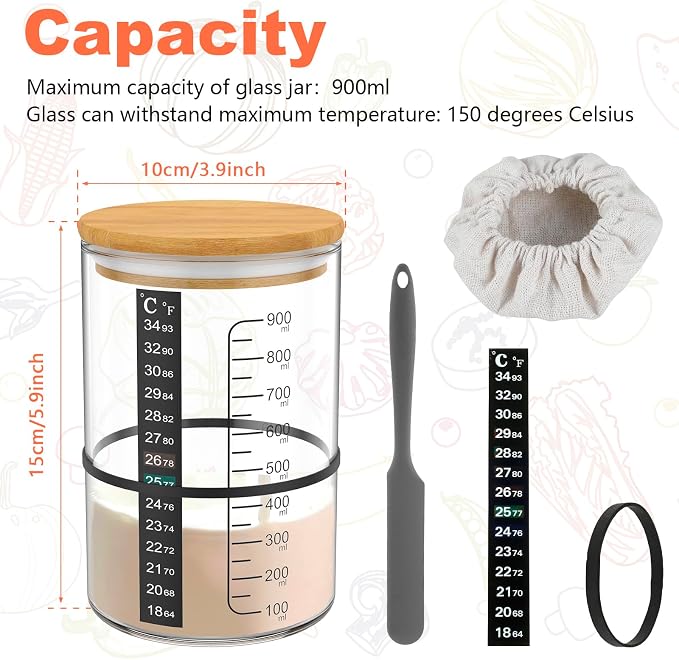 Large Sourdough Starter Jar Glass 900ml Capacity Sourdough Jar Wide Mouth with Scale Thermometer Paper Wooden Lid Cloth Cover Reusable Sourdough Starter Kit Bread Baking Supplies for Fermentation
