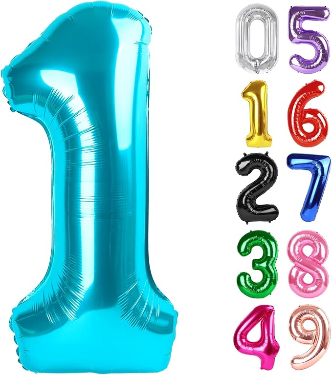Light Blue Number 1 Balloon 40 Inch, 1st Birthday Balloon for Baby Boy Girl Toddler First Birthday Decorations, Shiny Light Blue Party Supplies