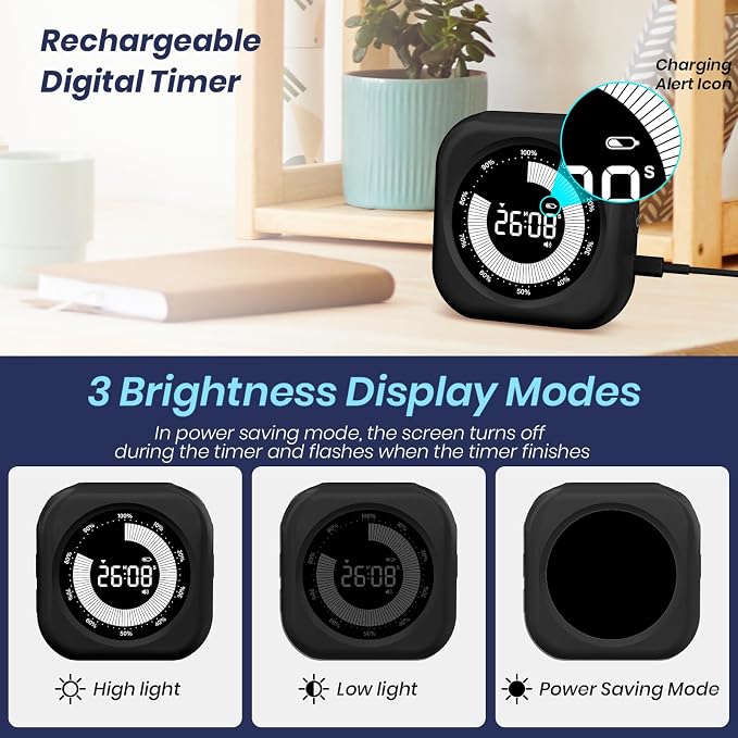 PERSUPER Visual Timer for Kids, 10 Hours Countdown/Up, with Rechargeable, 3 Volume Levels，3 Brightness Display, and Magnetic, Homeschool Study Tool, Large Digital Timers for Classroom, Kitchen